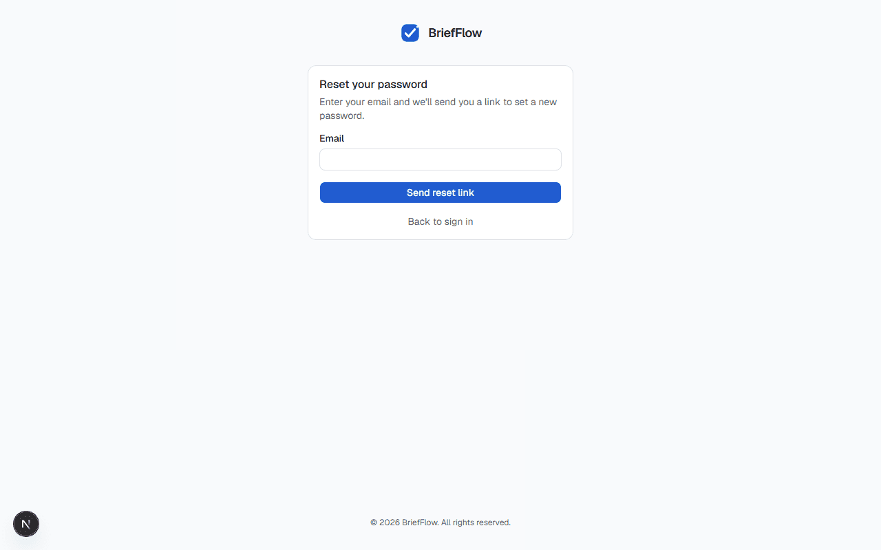 Reset your password page with an email field and Send reset link button