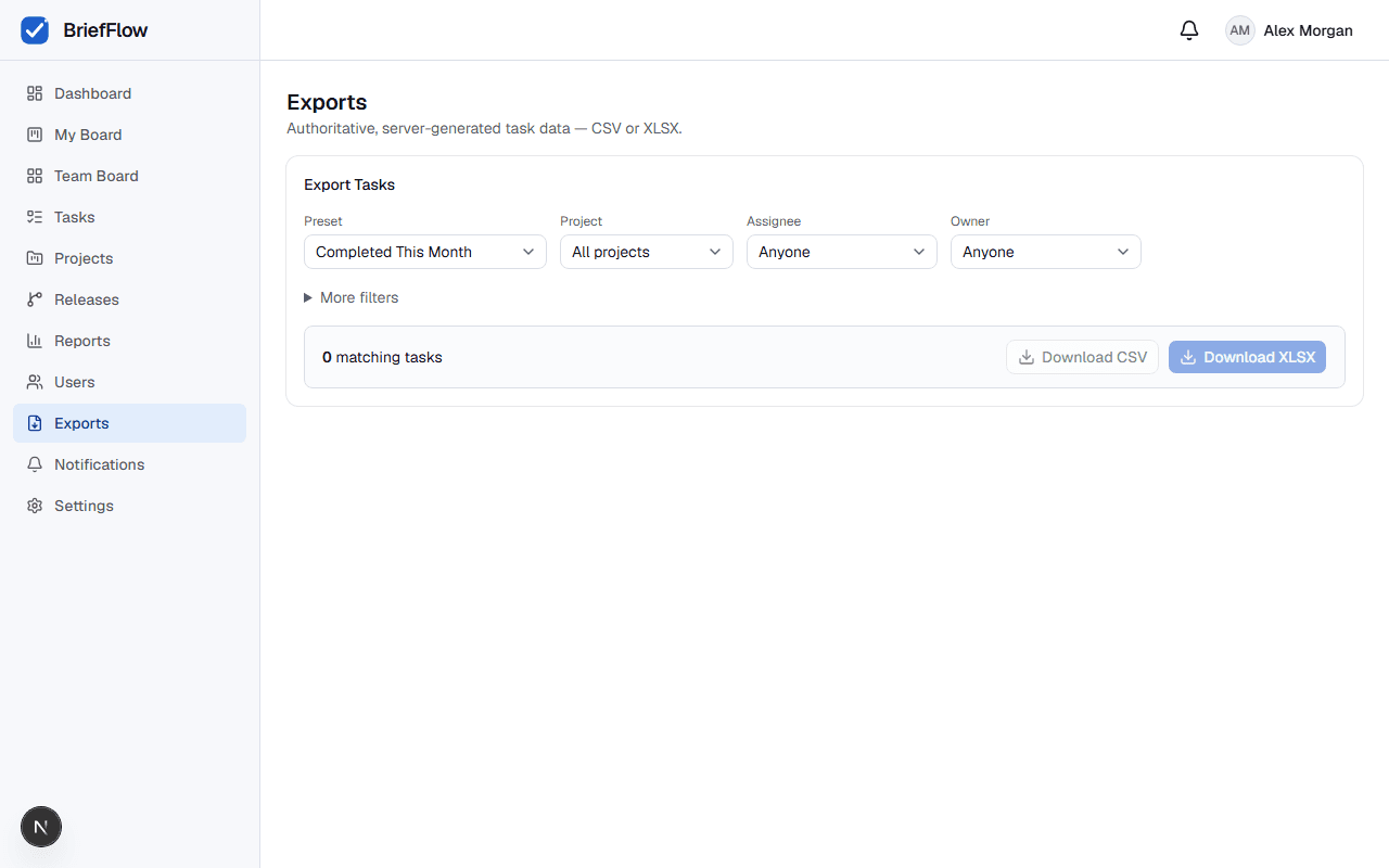 Exports page with a preset dropdown, filters, matching task count, and Download CSV and Download XLSX buttons
