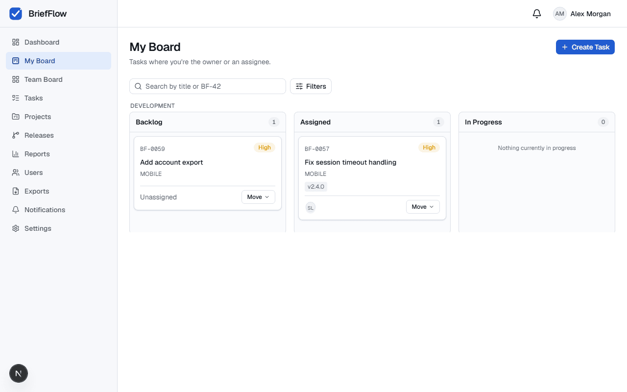 My Board Kanban view with Backlog, Assigned, and In Progress columns showing task cards