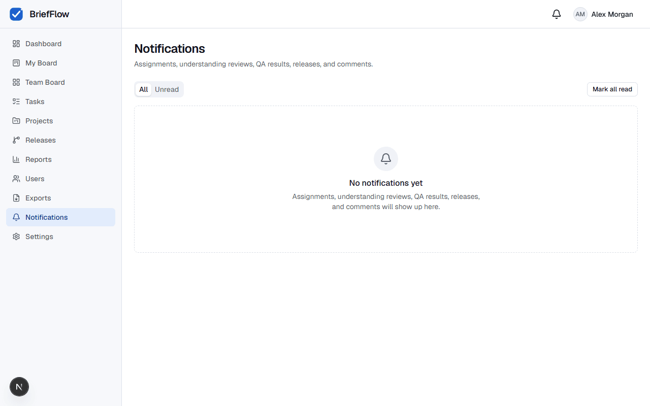 Full Notifications page with All and Unread tabs and a Mark all read button