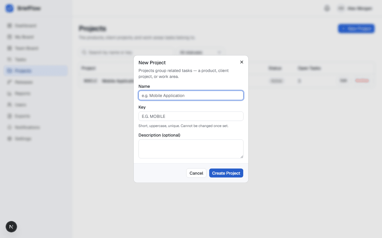 New Project dialog with Name, Key, and Description fields