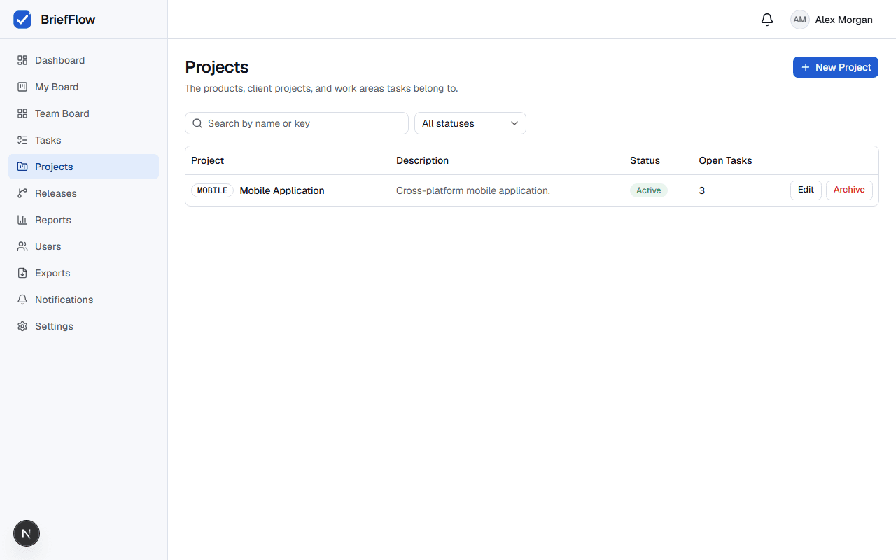 Projects list showing the Mobile Application project with its key, description, status, and open task count