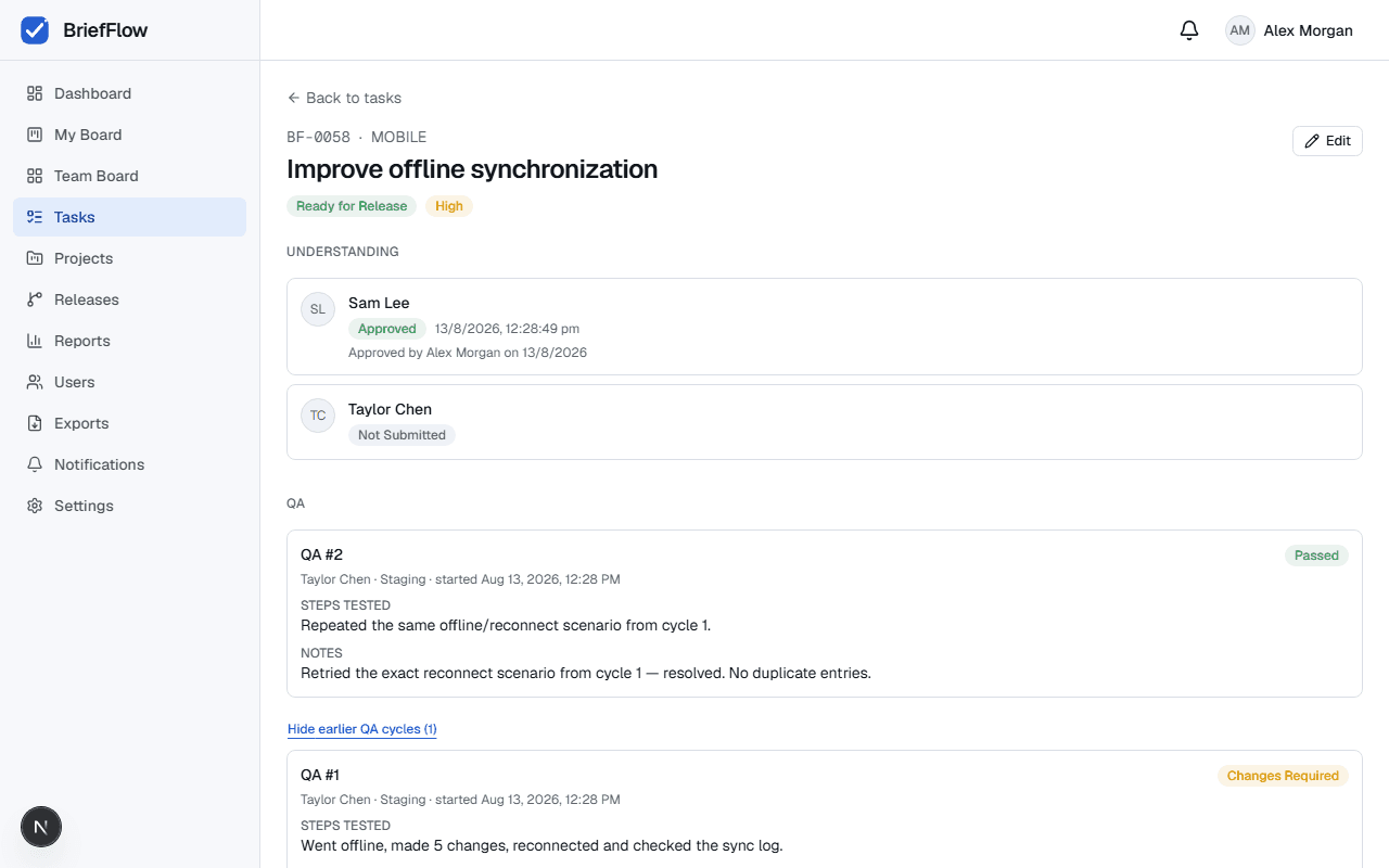 Task detail QA section showing QA #2 Passed and an expanded QA #1 Changes Required cycle with steps tested and notes