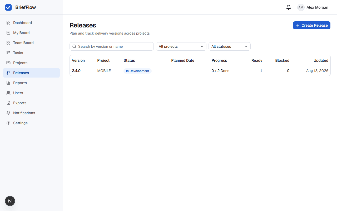 Releases list showing version, project, status, planned date, progress, and updated date columns