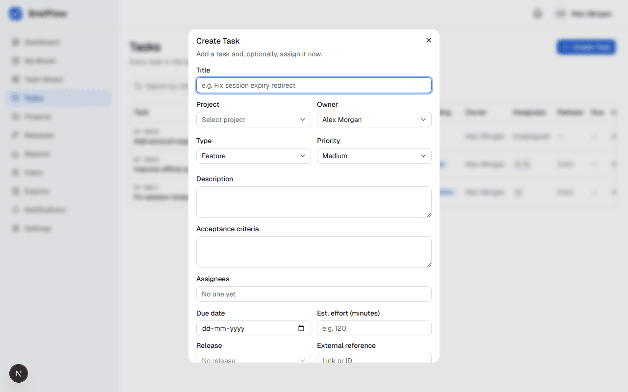 Create Task dialog with Title, Project, Owner, Type, Priority, Description, and other fields