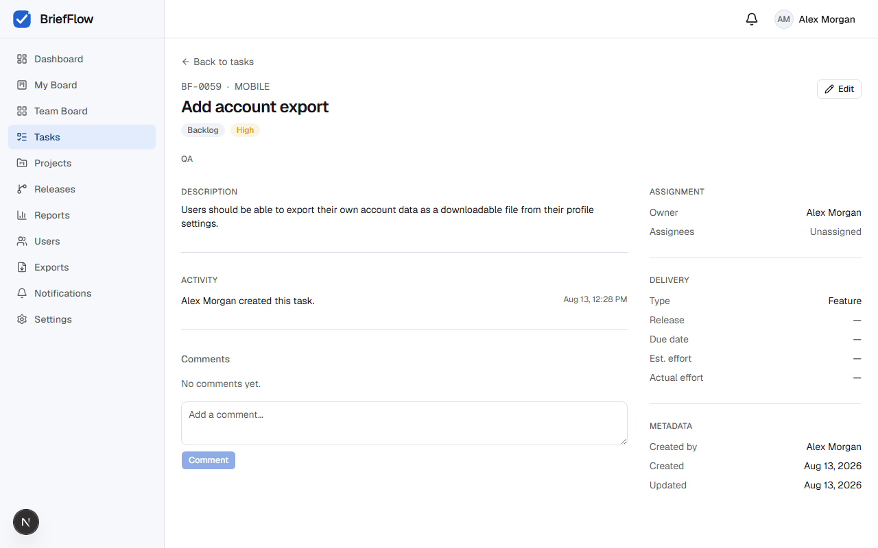 Task detail page for BF-0059 showing description, activity timeline, assignment, and delivery metadata
