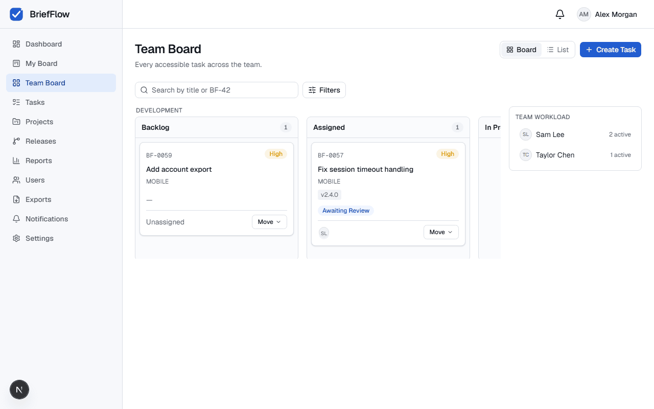 Team Board Kanban view with task columns and a Team Workload panel showing each person's active task count