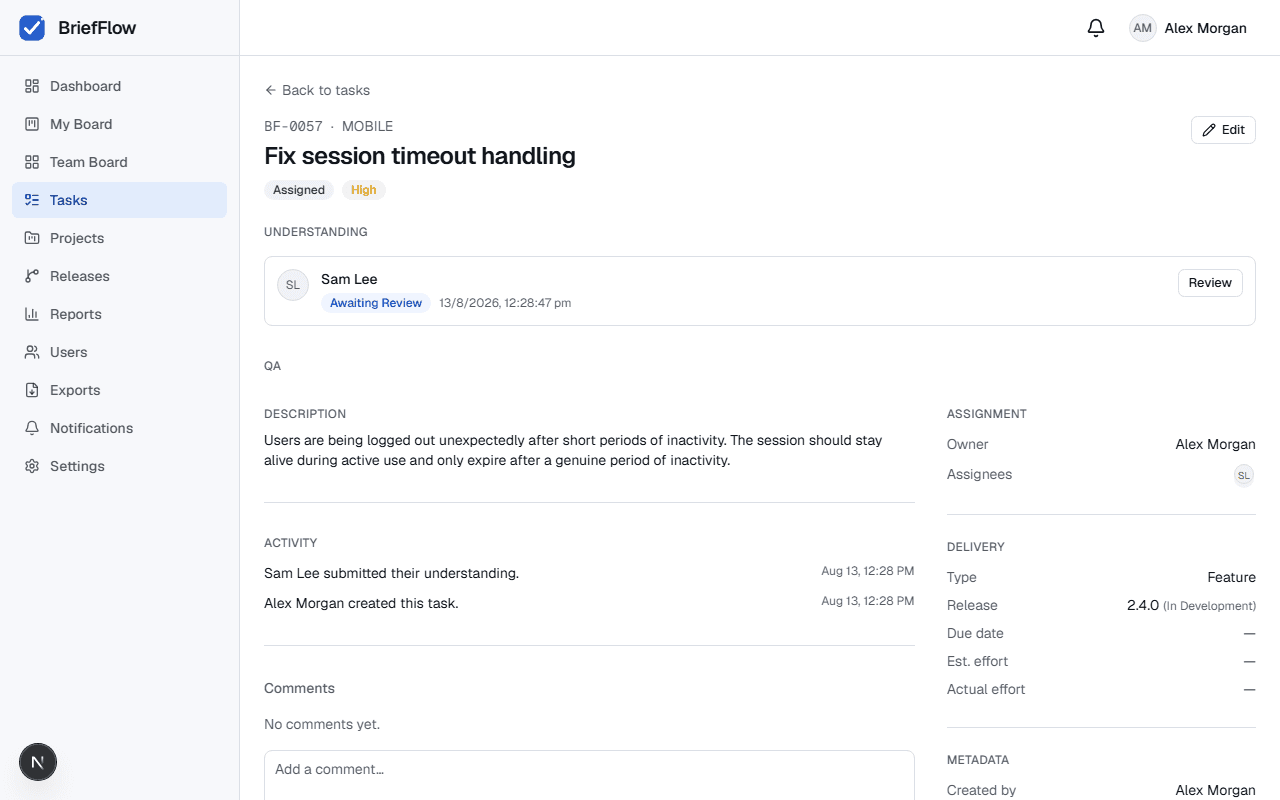 Task detail page showing an assignee's understanding submission in Awaiting Review status, with a Review button