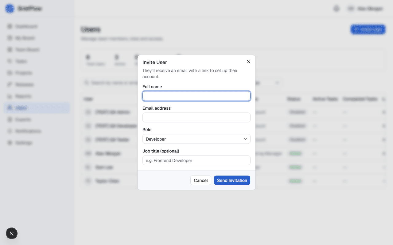 Invite User dialog with Full name, Email address, Role, and Job title fields
